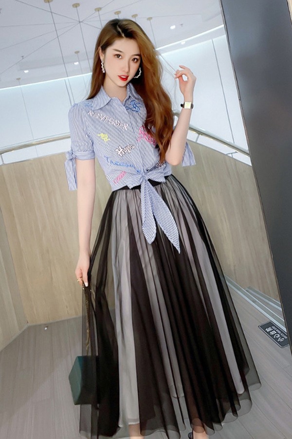 21MAY630 30대여성쇼핑몰 레터링 스트라이프 셔츠&amp;스커트 코디세트w-girlz