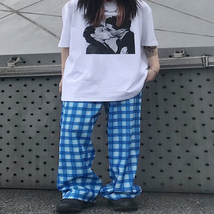 21JUN759 30대여성쇼핑몰 캐주얼 체크 패턴 여성 와이드 팬츠w-girlz