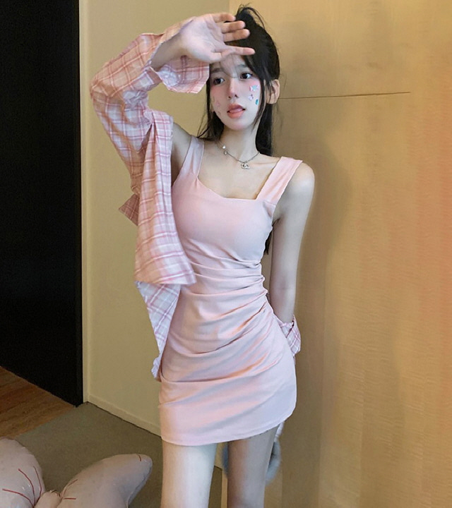 22APR376 여자쇼핑몰 와이드 슬링 원피스 체크 루즈핏 셔츠 코디세트w-girlz